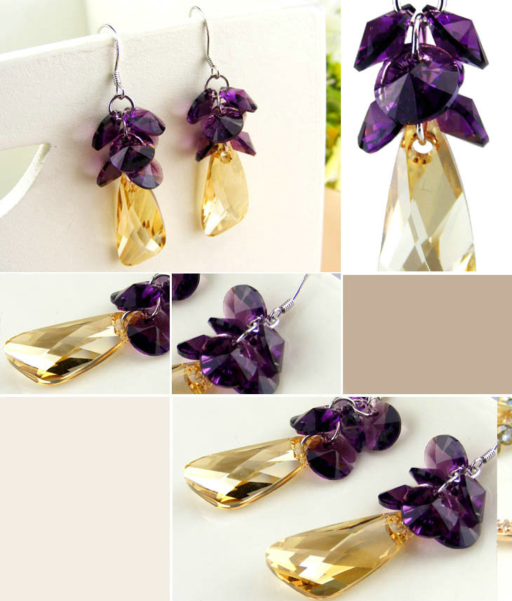 Luxury crystal diamond 925 sterling silver raindrop dangle earrings - Champagne Purple