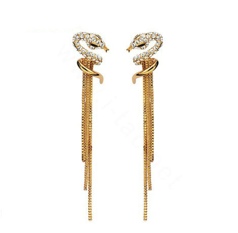 Luxury crystal diamond exaggerating retro snake long tassel stud earrings 18k gold plated