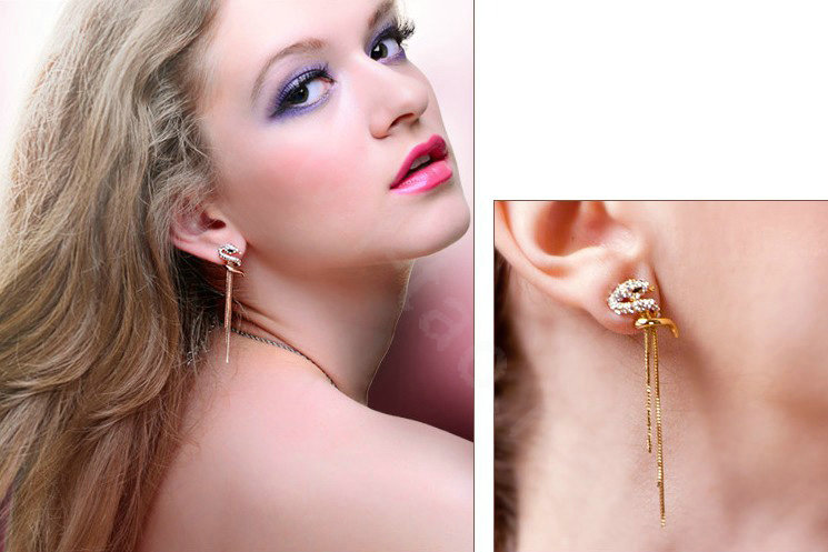 Luxury crystal diamond exaggerating retro snake long tassel stud earrings 18k gold plated