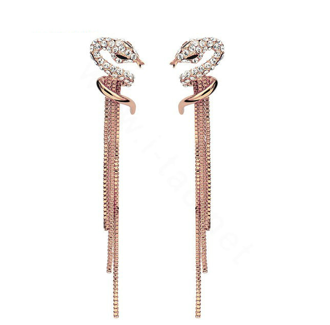 Luxury crystal diamond exaggerating retro snake long tassel stud earrings 18k rose plated