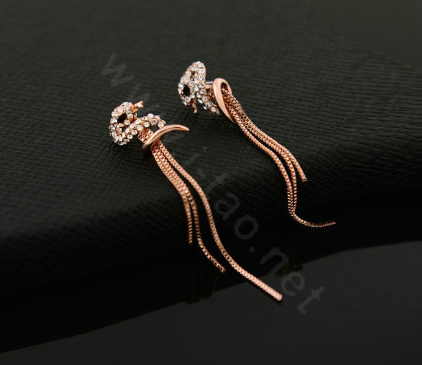 Luxury crystal diamond exaggerating retro snake long tassel stud earrings 18k rose plated