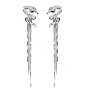 Luxury crystal diamond exaggerating retro snake long tassel stud earrings 18k white plated