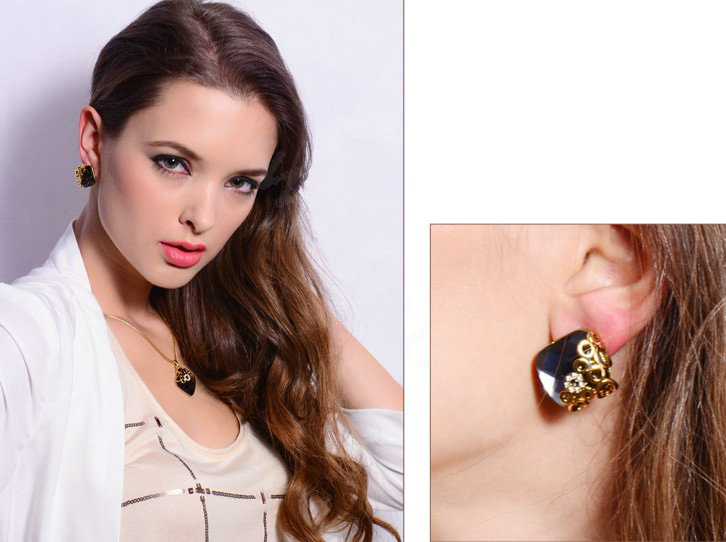 Luxury crystal diamond exaggerating rhombus gem stud earrings 18k gold plated - Black gold