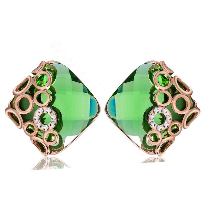 Luxury crystal diamond exaggerating rhombus green gem stud earrings 18k gold plated