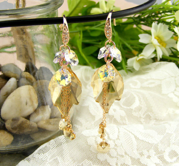 Luxury crystal diamond leaf 925 sterling silver long tassel dangle earrings - Champagne
