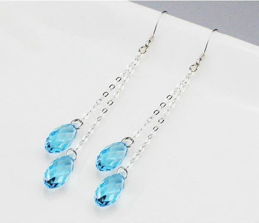 Luxury crystal diamond long raindrop 925 sterling silver dangle earrings - Blue