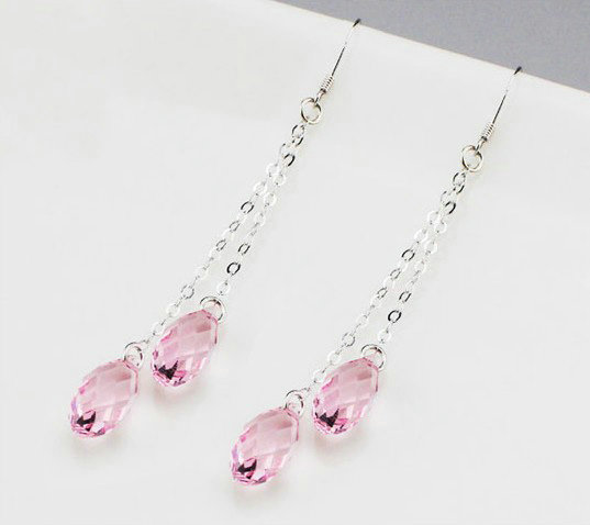 Luxury crystal diamond long raindrop 925 sterling silver dangle earrings - Pink