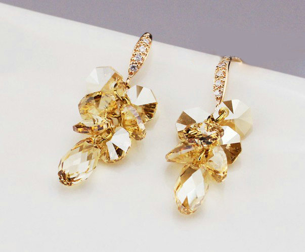 Luxury crystal diamond raindrop 925 sterling silver dangle earrings 4cm - Champagne
