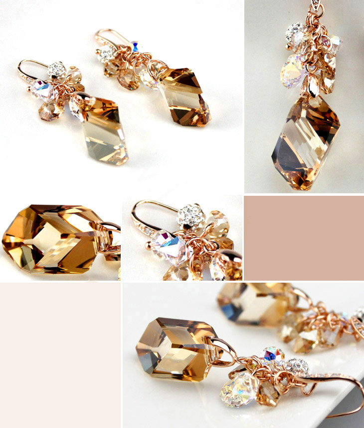 Luxury crystal diamond raindrop 925 sterling silver dangle earrings - Champagne