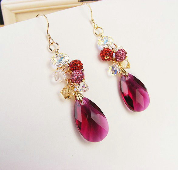 Luxury crystal diamond raindrop 925 sterling silver dangle earrings - Rose