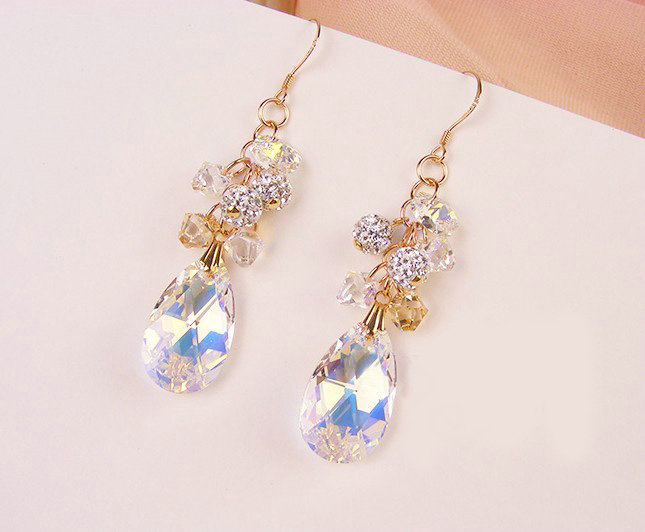 Luxury crystal diamond raindrop 925 sterling silver dangle earrings - White