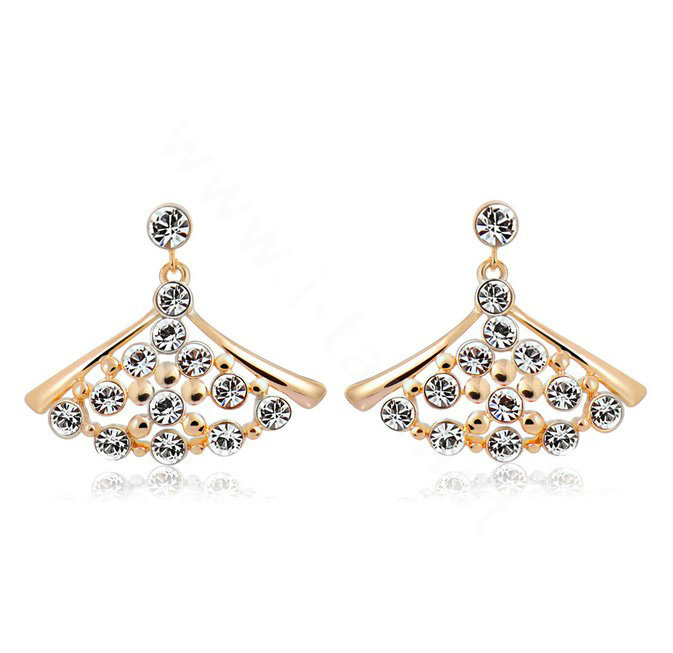Luxury crystal exaggerating fan dangle stud earrings 18k gold plated