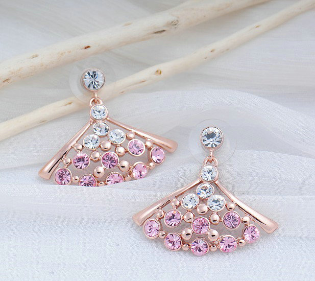 Luxury crystal exaggerating fan dangle stud earrings 18k rose gold plated