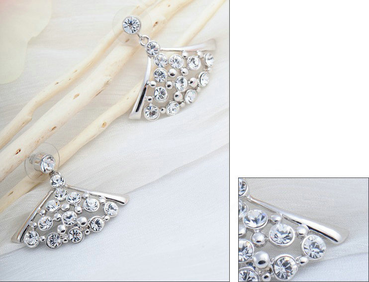 Luxury crystal exaggerating fan dangle stud earrings 18k white gold plated
