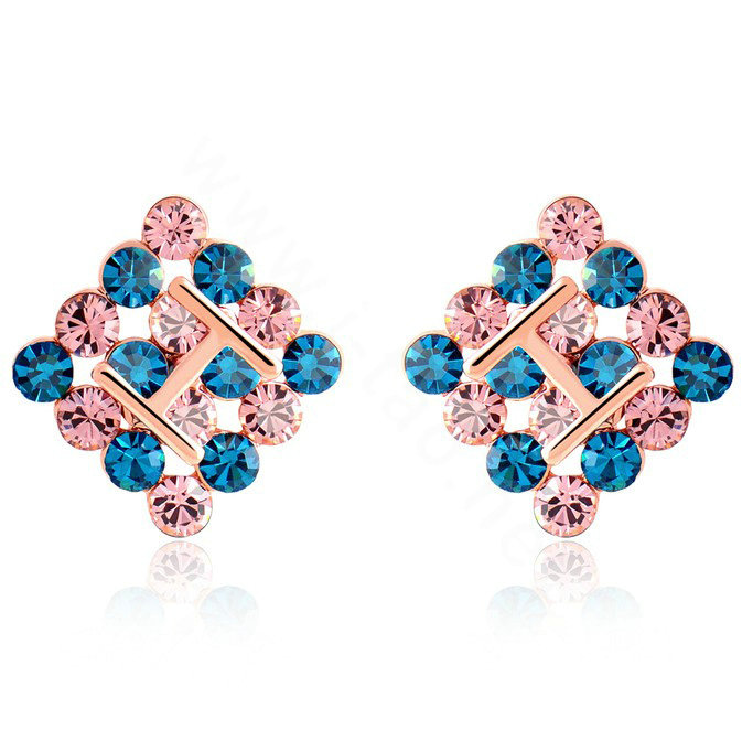 Luxury crystal exaggerating rhombus stud earrings 18k rose gold plated - Blue