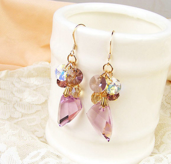 Luxury fashion crystal diamond 925 sterling silver tassel dangle earrings - Purple