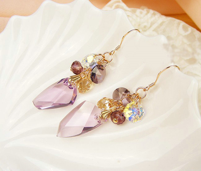 Luxury fashion crystal diamond 925 sterling silver tassel dangle earrings - Purple