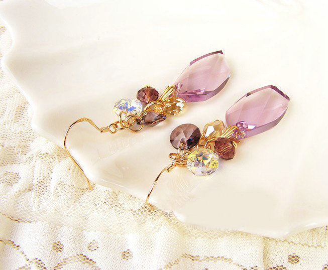 Luxury fashion crystal diamond 925 sterling silver tassel dangle earrings - Purple
