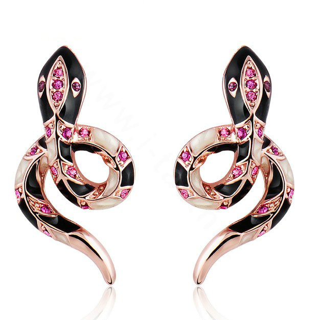 Luxury fashion crystal diamond exaggerating snake stud earrings 18k rose plated - Black