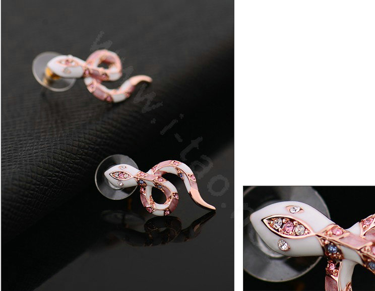 Luxury fashion crystal diamond exaggerating snake stud earrings 18k rose plated - Pink