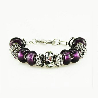 Luxury fashion diamond flower glass beads women bangle bracelet 18K white gold GP - Purple 01