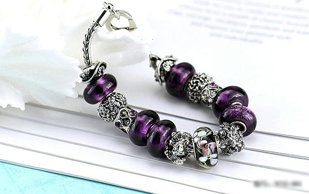 Luxury fashion diamond flower glass beads women bangle bracelet 18K white gold GP - Purple 01