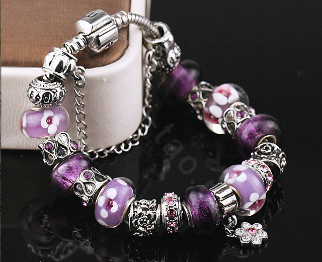 Luxury fashion diamond flower glass beads women bangle bracelet 18K white gold GP - Purple 07