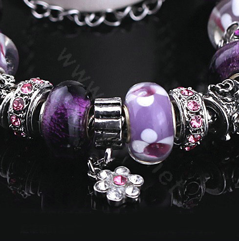 Luxury fashion diamond flower glass beads women bangle bracelet 18K white gold GP - Purple 07