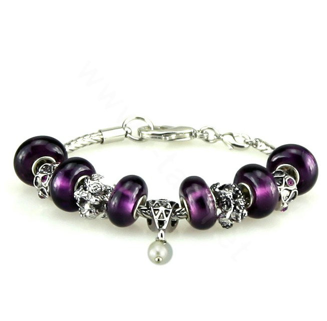 Luxury fashion diamond flower glass beads women bangle bracelet 18K white gold GP - Purple 09