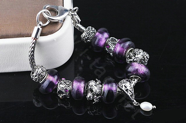 Luxury fashion diamond flower glass beads women bangle bracelet 18K white gold GP - Purple 09