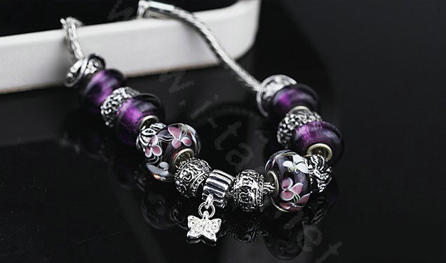 Luxury fashion diamond flower glass beads women bangle bracelet 18K white gold GP - Purple 26