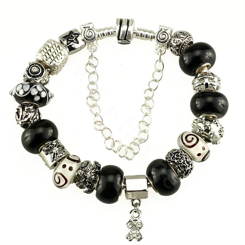 Luxury fashion diamond glass beads women bangle bracelet 18K white gold GP - Black White