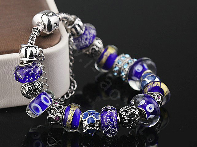 Luxury fashion diamond glass beads women bangle bracelet 18K white gold GP - Blue 05