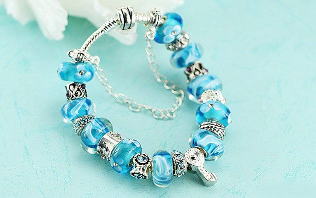 Luxury fashion diamond glass beads women bangle bracelet 18K white gold GP - Blue 06
