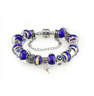 Luxury fashion diamond glass beads women bangle bracelet 18K white gold GP - Blue 24