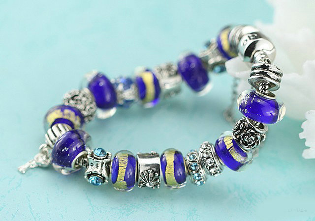 Luxury fashion diamond glass beads women bangle bracelet 18K white gold GP - Blue 24