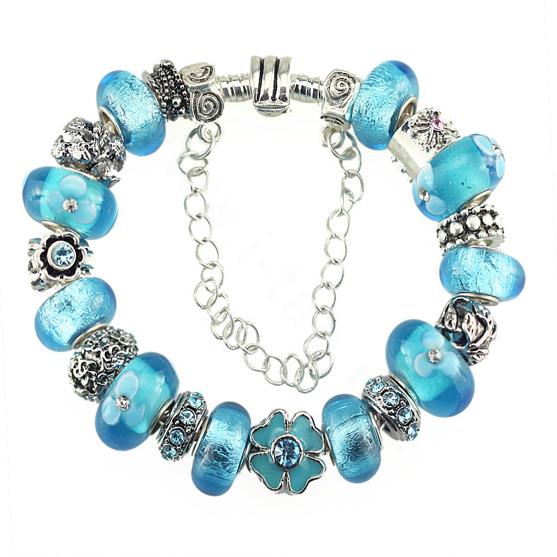 Luxury fashion diamond glass beads women bangle bracelet 18K white gold GP - Blue 28