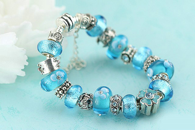 Luxury fashion diamond glass beads women bangle bracelet 18K white gold GP - Blue 28