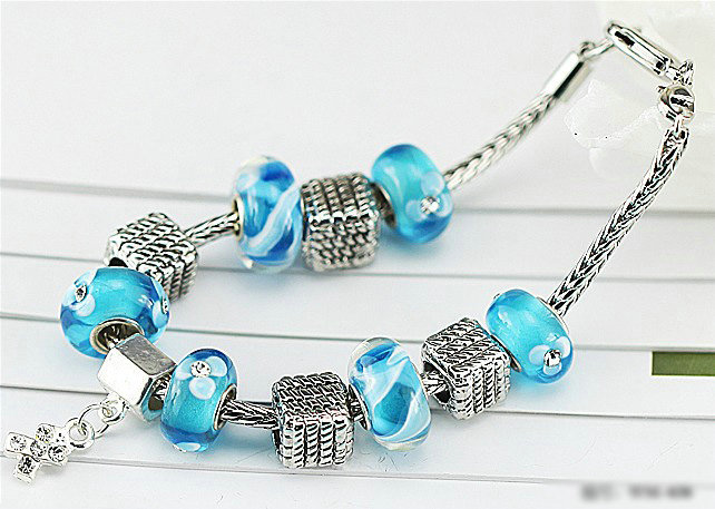 Luxury fashion diamond glass beads women bangle bracelet 18K white gold GP - Blue 29