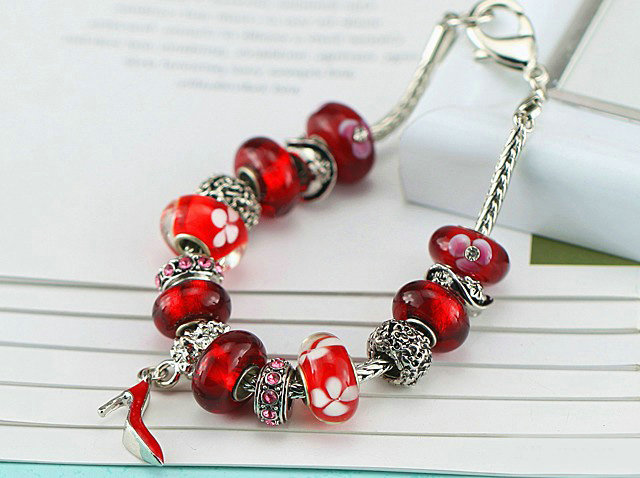 Luxury fashion diamond glass beads women bangle bracelet 18K white gold plated - Red 07