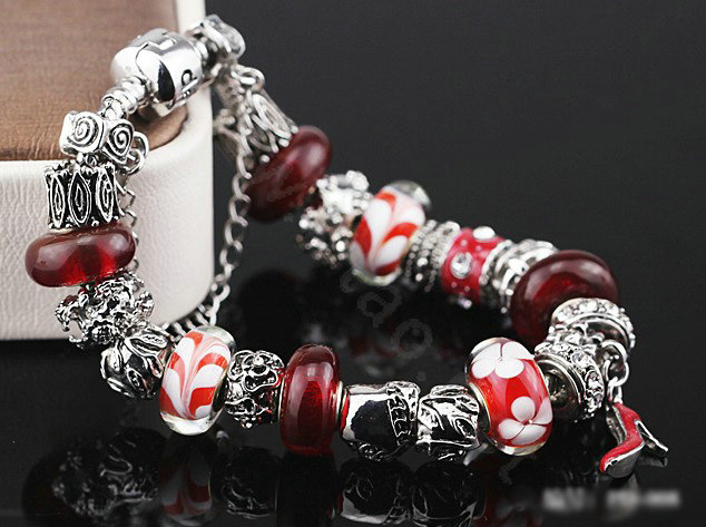 Luxury fashion diamond glass beads women bangle bracelet 18K white gold plated - Red 08
