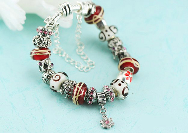 Luxury fashion diamond glass beads women bangle bracelet 18K white gold plated - Red 10