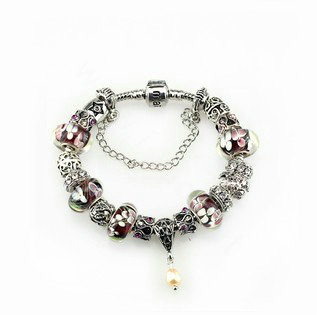 Luxury fashion diamond glass beads women bangle bracelet 18K white gold plated - Red 16