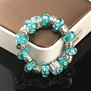Luxury fashion diamond glass beads women bangle bracelet silver plated - Blue