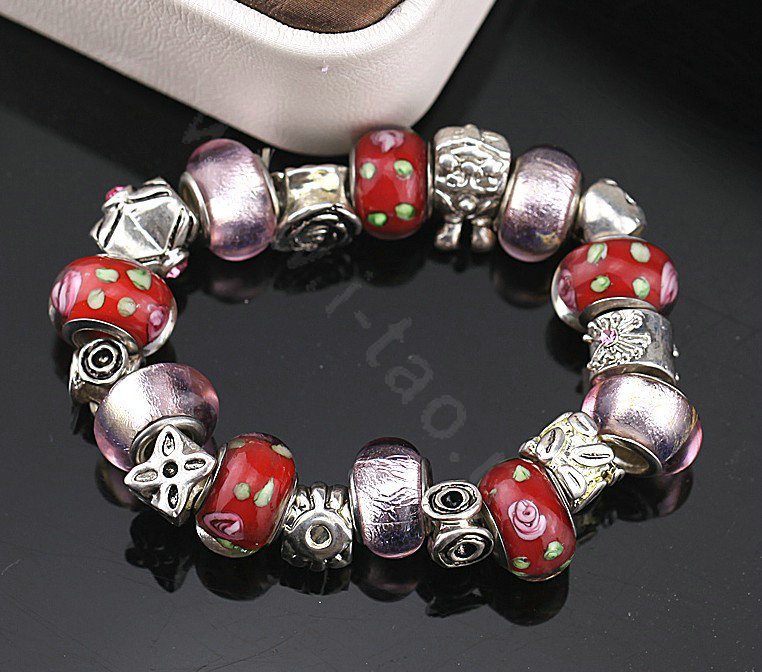 Luxury fashion diamond glass beads women bangle bracelet silver plated - Red