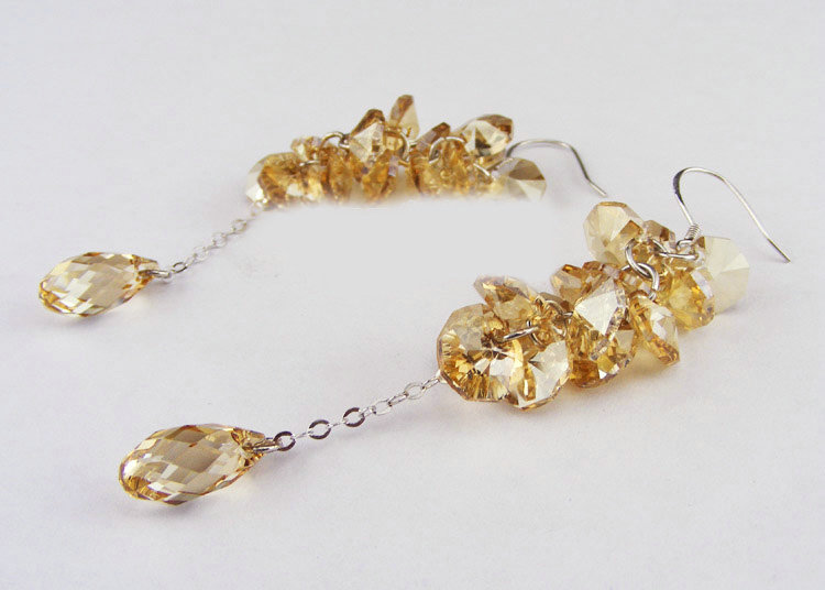 Luxury round crystal diamond 925 sterling silver long tassel dangle earrings - Champagne
