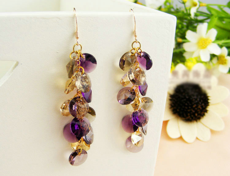Luxury round crystal diamond 925 sterling silver long tassel dangle earrings - Purple