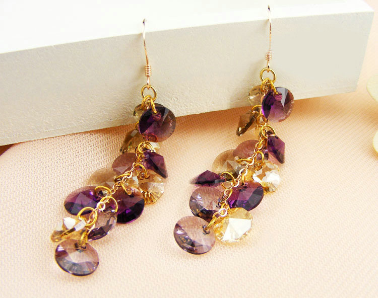 Luxury round crystal diamond 925 sterling silver long tassel dangle earrings - Purple