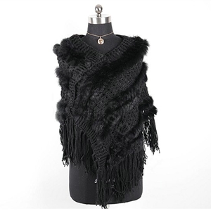 Winter Women's Genuine Knitting Rabbit Fur Shawls Warm Triangle Tassel Wraps Poncho - Black