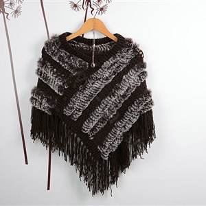 Winter Women's Genuine Knitting Rabbit Fur Shawls Warm Triangle Tassel Wraps Poncho - Coffee